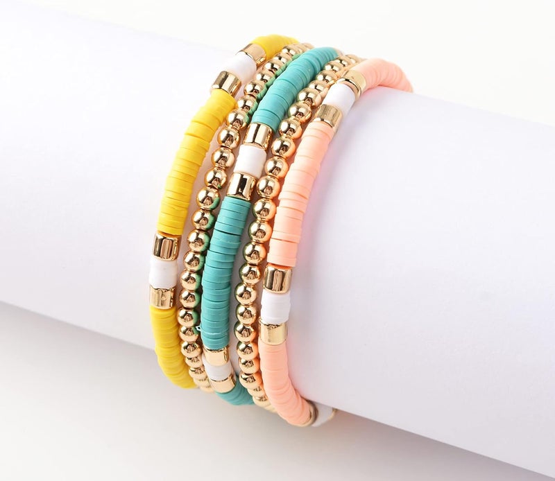 GOOJIDS Surfer Heishi Clay Bead Bracelets for Women Bohemian Stackable Gold Plated Beaded Stretch Bracelets Elastic Layering Friendship Bracelets Set Boho Jewelry - Image 3